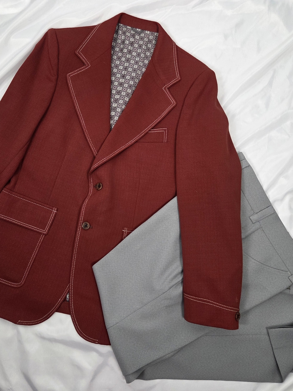 Vintage 1970s Elderado Leisure Suit Set Contrast Stitch Blazer & Trousers Small